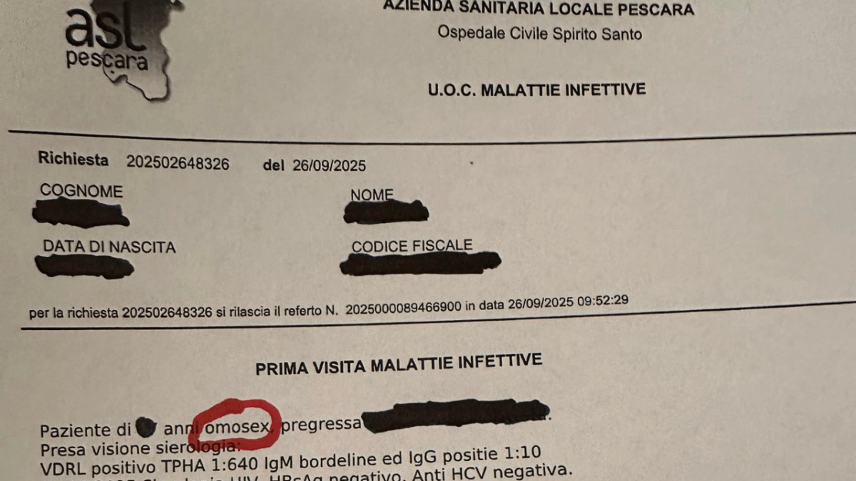 Pescara, “paziente omosex” nel referto dell’ospedale: 61enne denuncia sui social. “Umiliato”, ma per la Asl “Nessuna violazione”