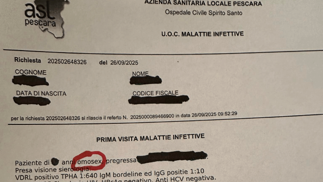 Nel referto dell'ospedale di Pescara spunta la dicitura "paziente omosex"