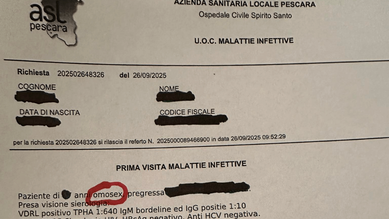 Pescara, “paziente omosex” nel referto dell’ospedale: 61enne denuncia sui social. “Umiliato”, ma per la Asl “Nessuna violazione”