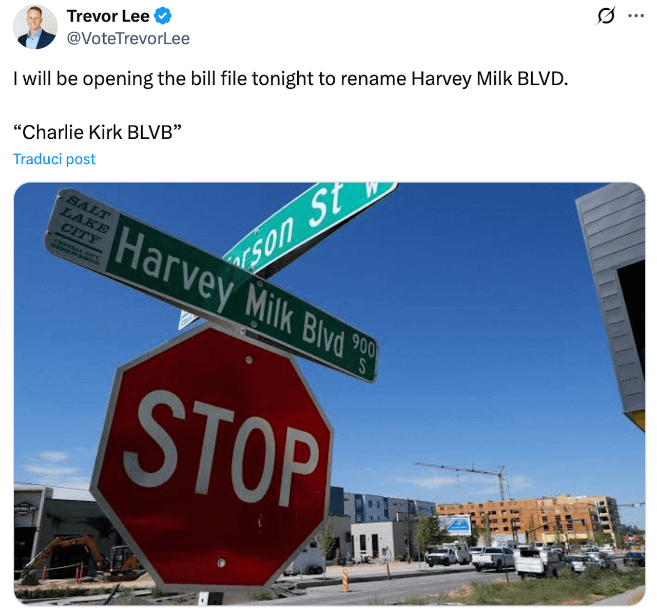 Nello Utah vogliono rinominare una strada intitolata ad Harvey Milk per intitolarla a Charlie Kirk - Cancellare Harvey Milk per onorare Charlie Kirk - Gay.it