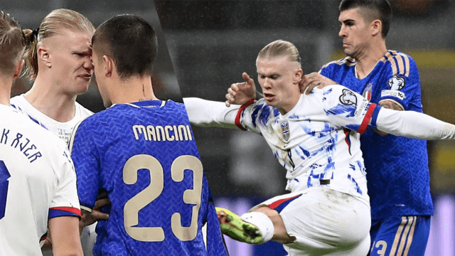 Erling Haaland (Norvegia) e Gianluca Mancini (Italia) hanno dato vita a un duello attaccante-marcatore piuttosto stretto.