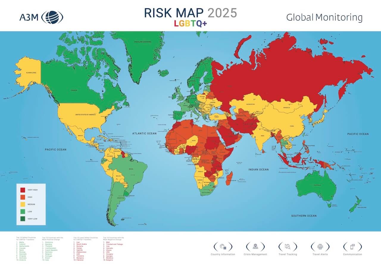 LGBTQ+ Risk Map 2025, i Paesi dove i viaggiatori LGBTQIA+ si sentono più al sicuro - Riskmap2025 LGBTQGraphik - Gay.it