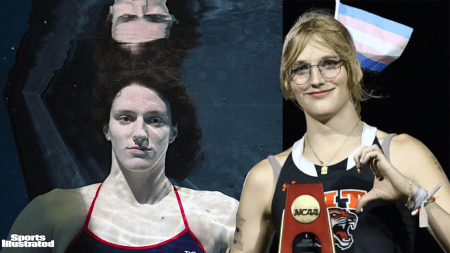 A sinistra la nuotatrice Lia Thomas in una foto di Sport Illustrated - A destra la campionessa di altetica USA Sadie Schreiner