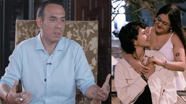 Il presidente ad interim del Perù José Jerí e una coppia di donne che lo scorso maggio si è sposata simbolicamente come forma di protesta verso la mancanza di protezione legale per le coppie LGBTI nel Paese