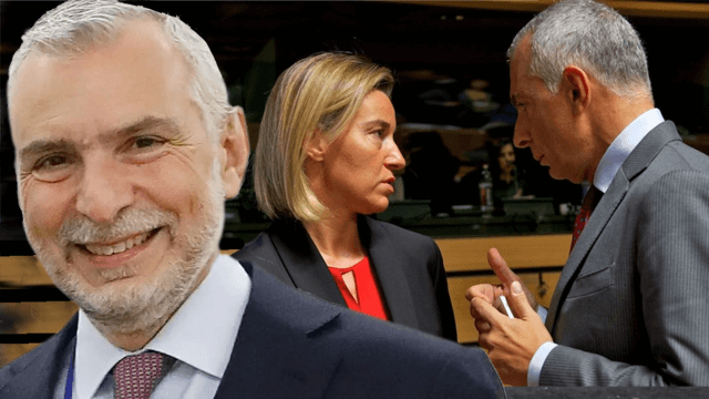 A sinistra Stefano Sannino. A destra il diplomatico UE, ex ambasciatore italiano in Spagna e sposato con il suo compagno, in conversazione con Federica Mogherini. Sono entrambi indagati a Bruxelles.