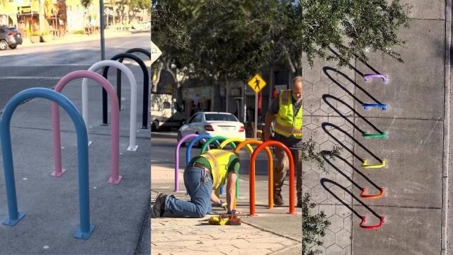 Ron DeSantis cancella le strisce arcobaleno rainbow? E in Florida nascono le rastrelliere Pride per le bici - rainbow bike rack st petersburg florida - Gay.it