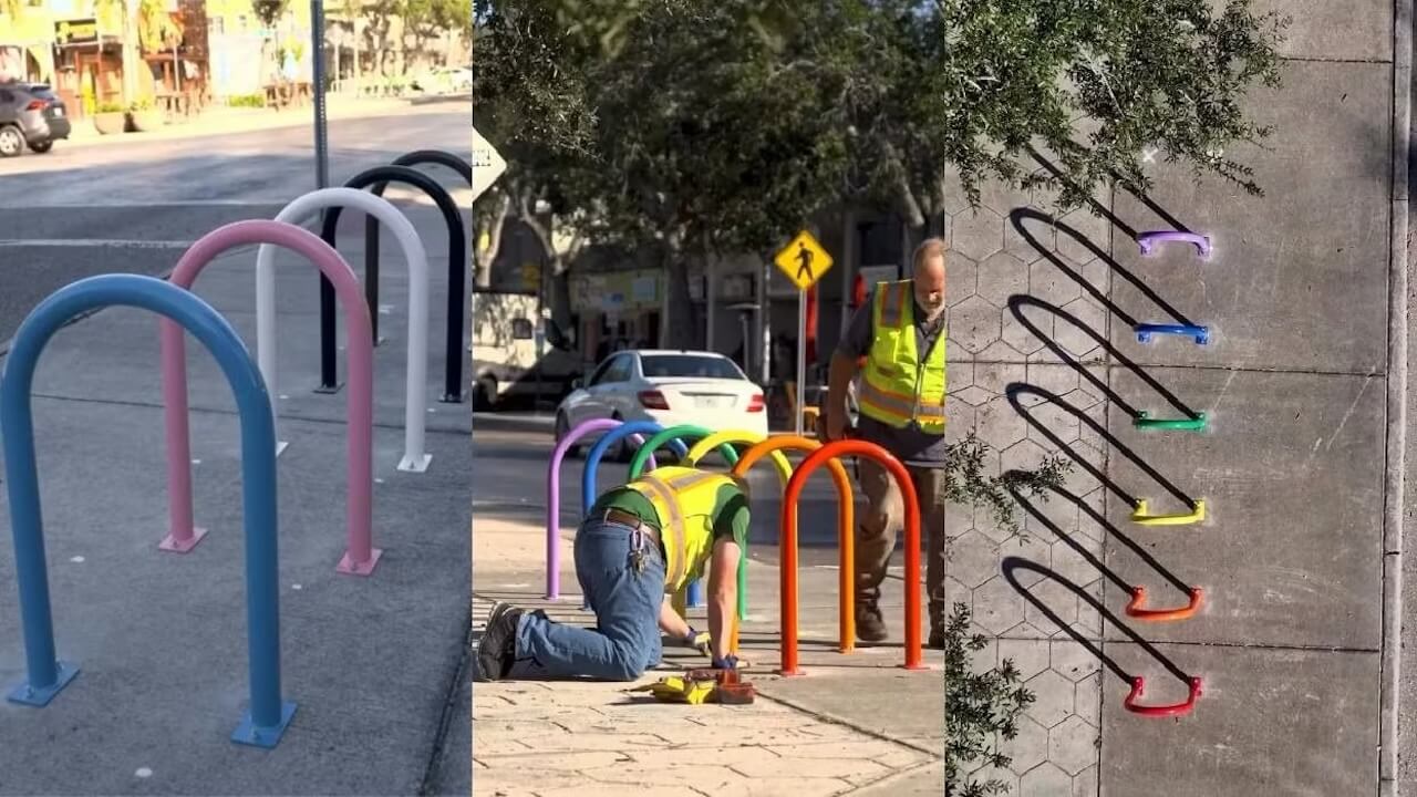 Florida, una città replica ai divieti di Ron DeSantis con uno show di laser arcobaleno (VIDEO) - rainbow bike rack st petersburg florida - Gay.it