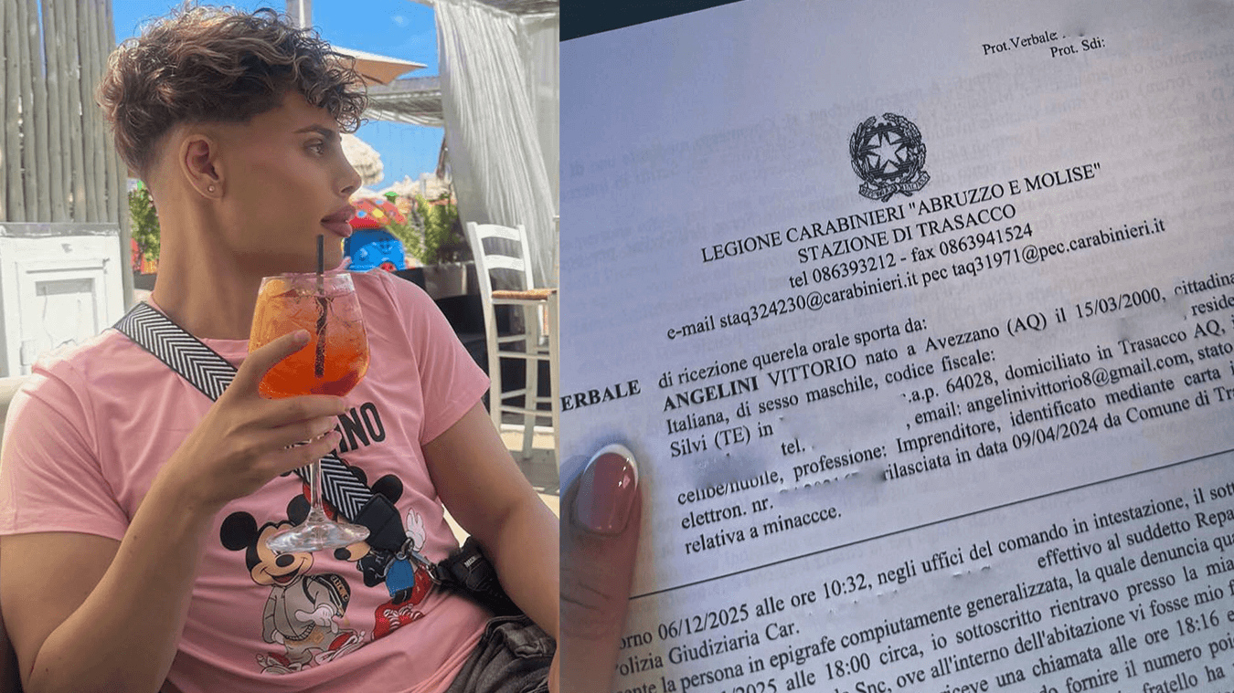 Vittorio Angelini nella sua foto profilo Facebook. A destra l'immagine della denuncia depositata dai due fratelli gemelli gay di Trasacco dopo gli insulti e le minacce di morte ricevute in forma anonima al telefono.
