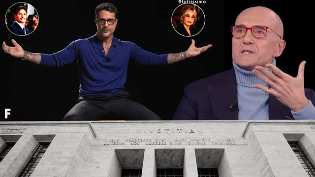 Fabrizio Corona, Piersilvio Berlusconi e Marina Berlusconi in uno screenshot di Falsissimo - Alfonso Signorini in un'immagine di repertorio - Tribunale di Milano