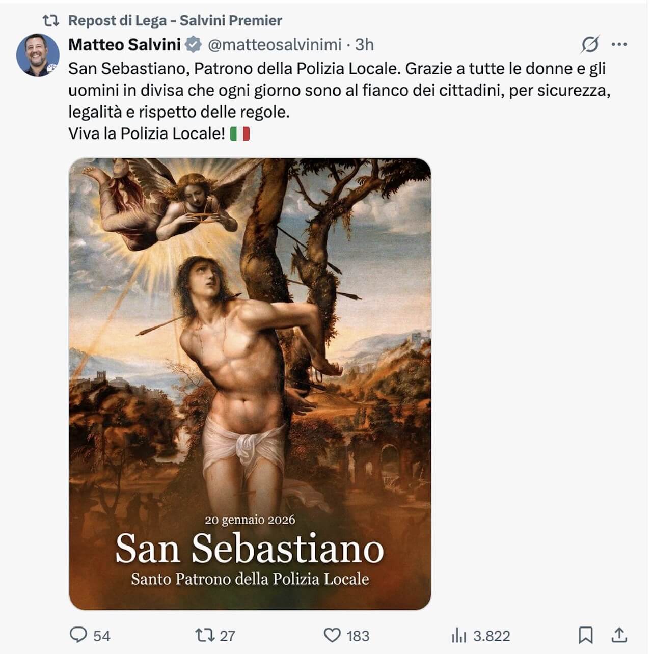 L'inconsapevole Salvini celebra San Sebastiano, patrono laico della comunità LGBTQIA+ - Salvini celebra San Sebastiano - Gay.it