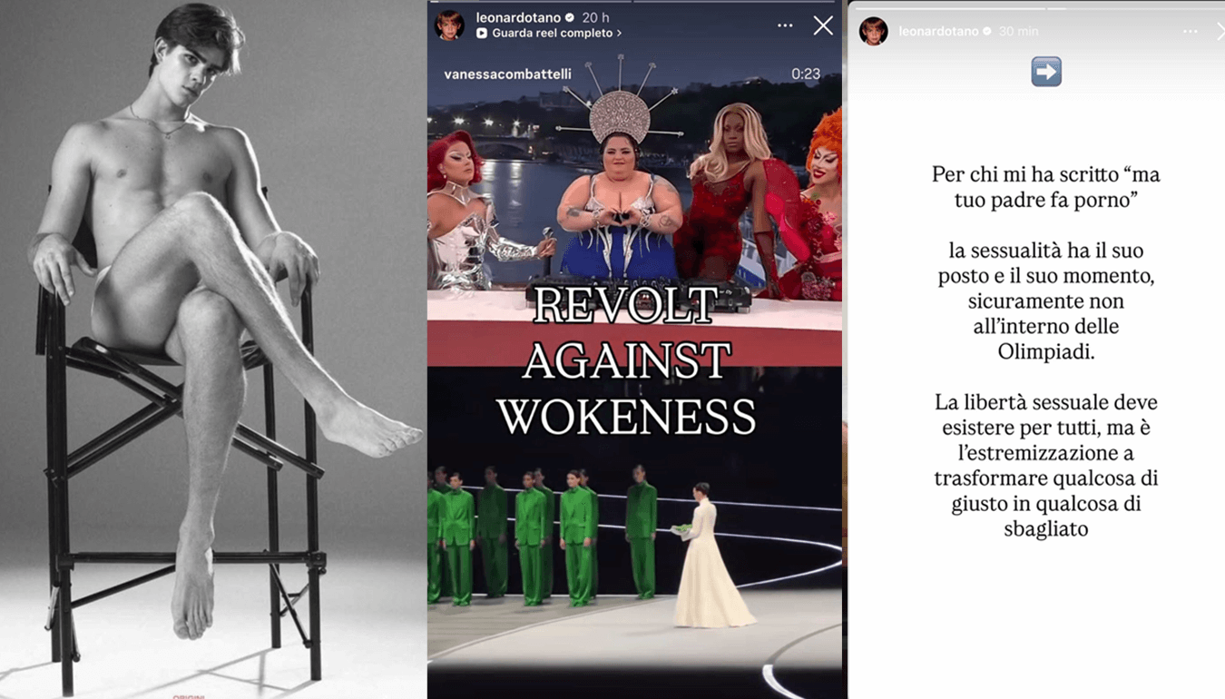 Leonardo Tano a sinistra nel 2020 su Vanity Fair. A destra le sue storie contro il woke.