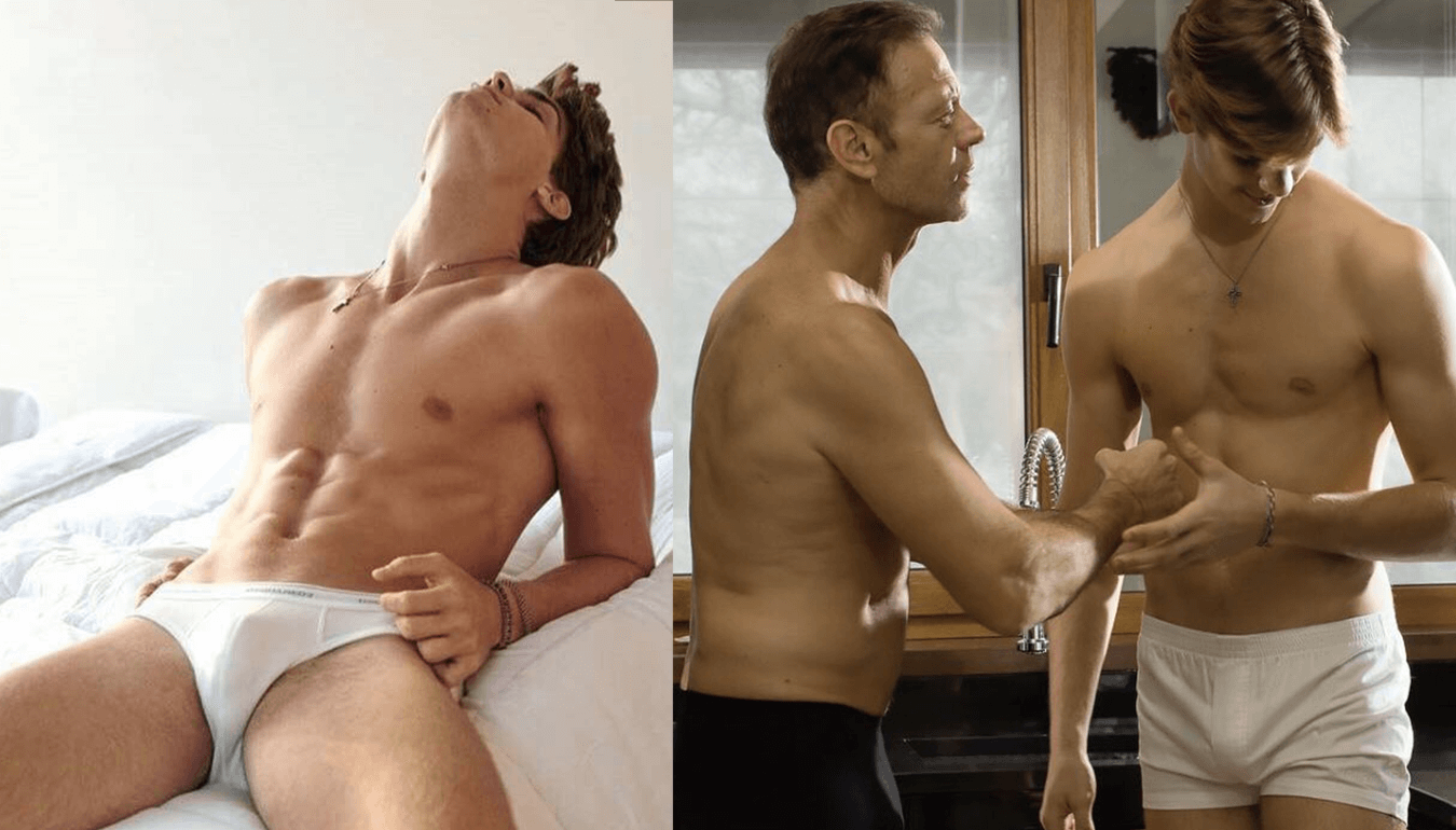 Leonardo Tano a sinistra nella campagna adv di MSGM. A destra durante lo shooting con sui padre Rocco Siffredi.