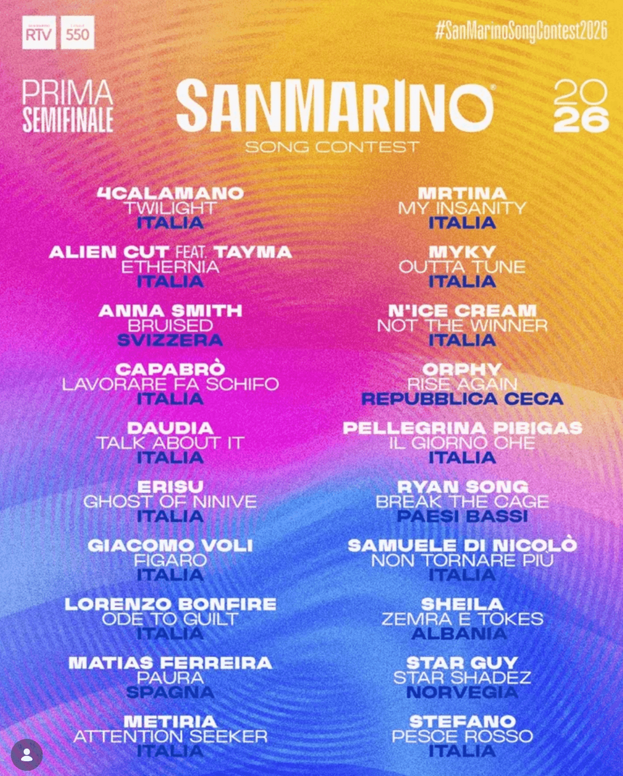 San Marino Song Contest 2026: Klem, Rosa Chemical, Dolcenera e Boy George puntano l'Eurovision - San Marino Song Contest semifinale - Gay.it