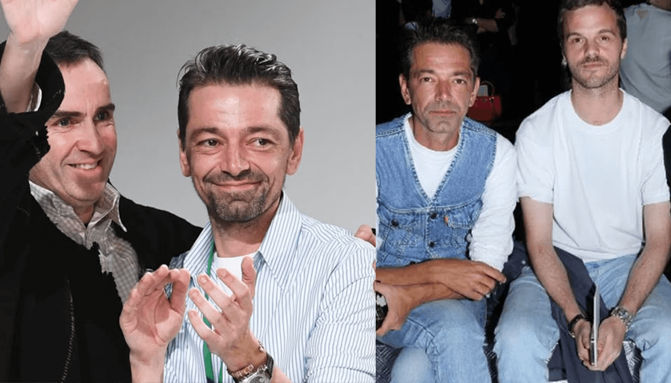 A sinistra Petier Mulier con Raf Simons ai tempi della loro collaborazione. Oggi Simons è numero 2 di Prada, il cui gruppo ha acquisito Versace. A destra Mulier con Matthieu Blazy, oggi direttore creativo di Chanel, ai tempi della loro relazione affettiva.