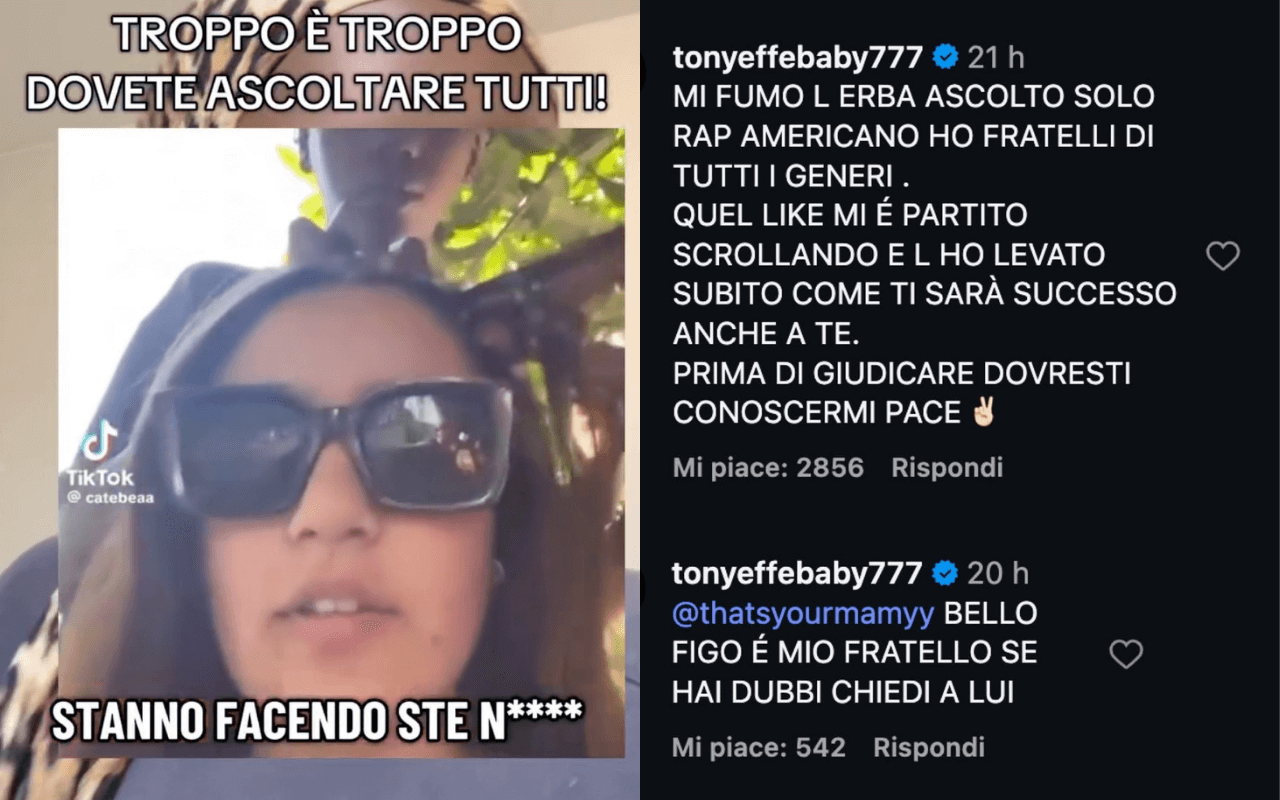 La polemica sul like di Tony Effe al video della ragazza accusata di razzismo