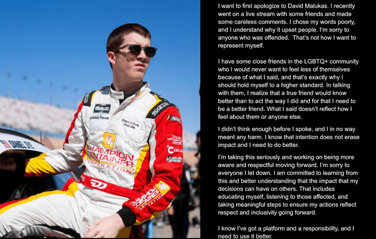 Daniel Dye, il pilota sospeso a tempo indeterminato dalla NASCAR per omofobia (VIDEO) - Daniel Dye chiede scusa dopo la squalifica per omofobia - Gay.it