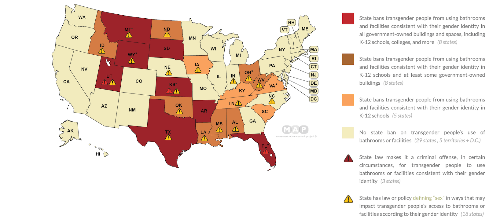 21 Stati d'America su 50 limitano l'uso del bagno alle persone transgender - Movement Advancement Project Bagni vietati alle persone trans dAmerica - Gay.it