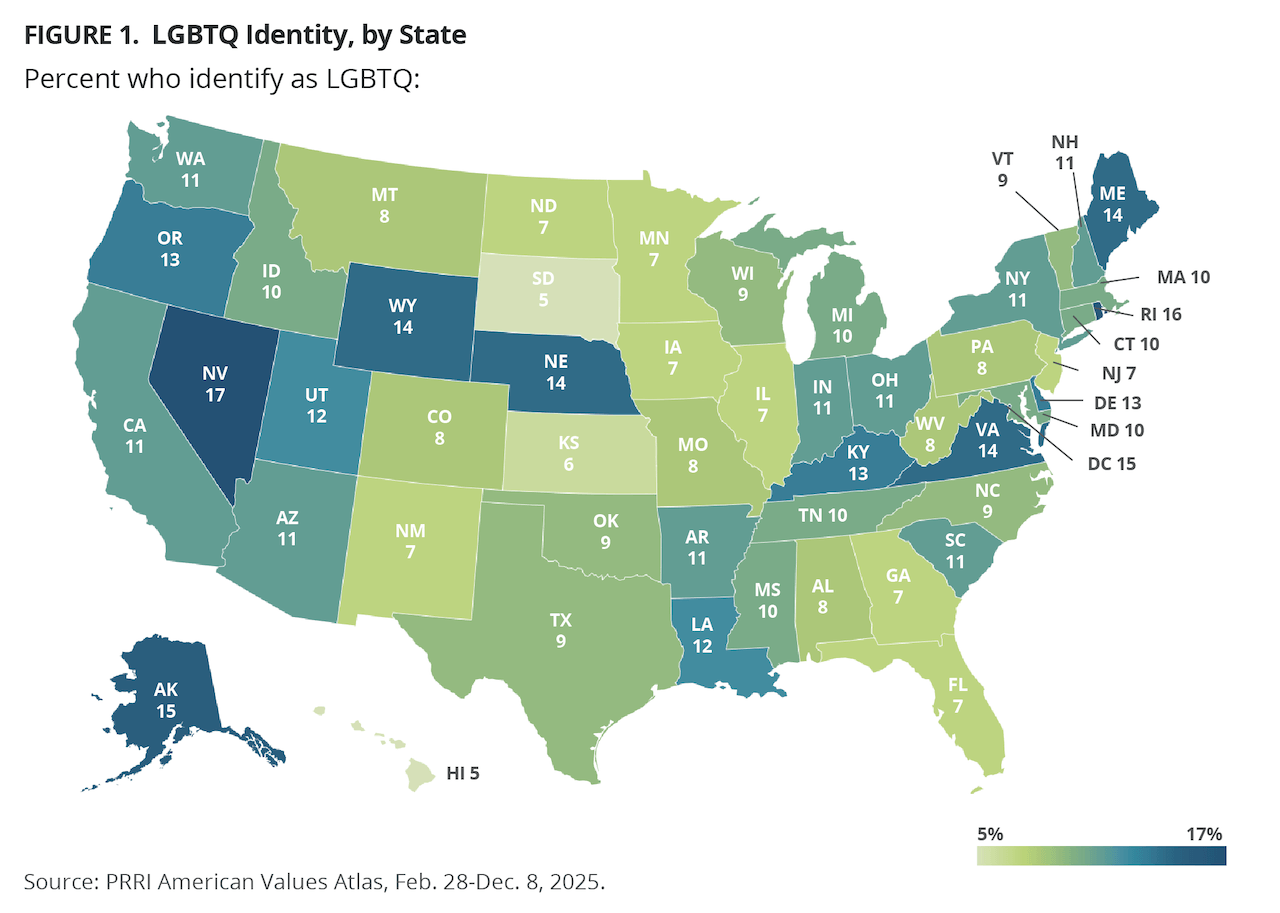 Un americano su 10 si identifica come LGBTQ e il 72% sostiene diritti e tutele, Paese diviso sulle persone trans. Il nuovo report - PRRI Mar 2026 LGBTQ 50State fig 1 - Gay.it