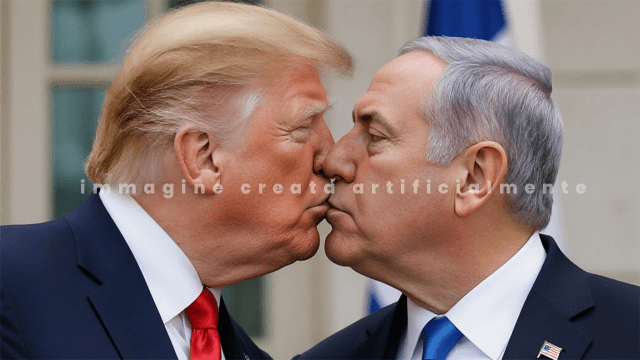 Outing alla Guida Suprema d'Iran: la nuova arma di Trump è la propaganda a sfondo LGBTIQ+ - Trump Netanyahu Kiss AI - Gay.it