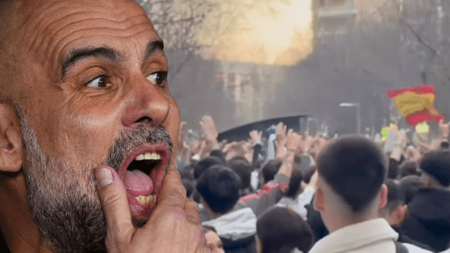 Pep Guardiola, allenatore catalano del Manchester City: a lui i tifosi del Real Madrid hanno rivolto cori omofobi nel pre-match di Champions l'11 marzo 2026. Il frame è tratto dal video-documento dell'accaduto registrato da Tancredi Palmeri e pubblicato sul canale IG di SportItalia.