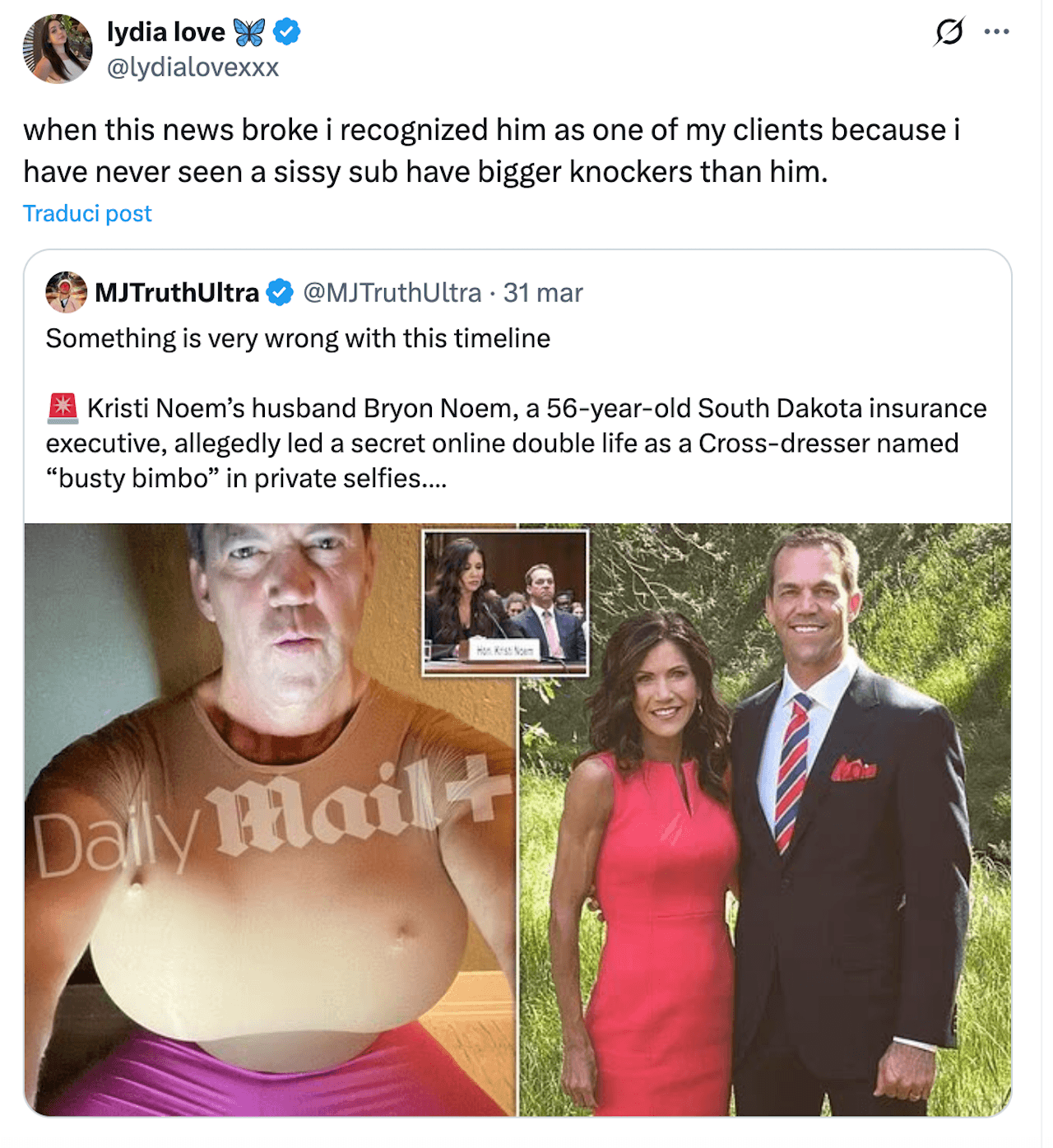 Kristi Noem, dietro lo scoop su suo marito con i seni finti ci sarebbe la vendetta di una sex worker immigrata. Una camgirl rivela: "Era mio cliente, lei non poteva non sapere" - Lydia Love su Bryon Noem - Gay.it
