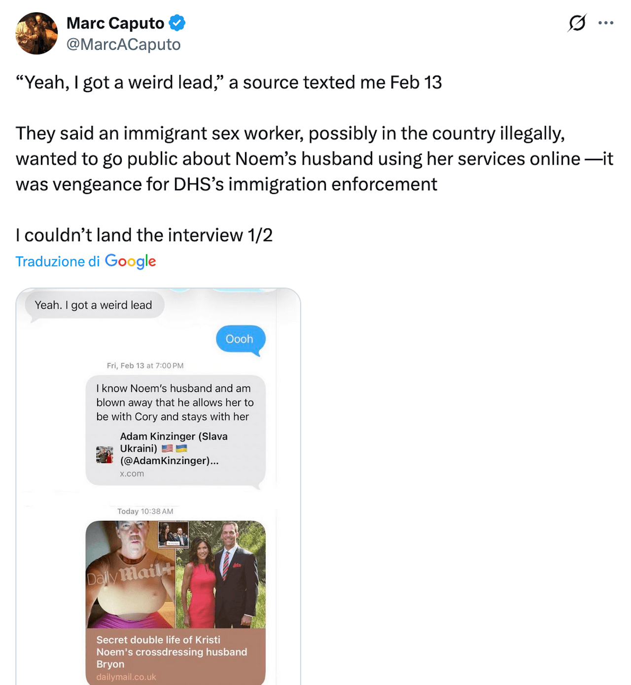 Kristi Noem, dietro lo scoop su suo marito con i seni finti ci sarebbe la vendetta di una sex worker immigrata. Una camgirl rivela: "Era mio cliente, lei non poteva non sapere" - Marc Caputo su Bryon - Gay.it