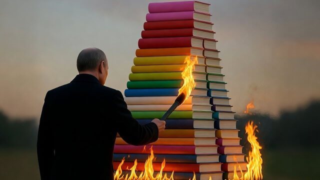 Russia, polizia fa irruzione nella sede di una casa editrice accusata di distribuire "propaganda LGBTQIA+" - Vladimir Putin incendia libri - Gay.it