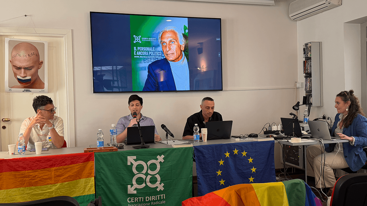 La proposta di legge sui corpi intersex è stata presentata durante il congresso di Certi Diritti del 23 maggio a Torino: da sinistra Nicola Bertoglio, Claudio Uberti, Yuri Guaiana e Chiara Squarcione