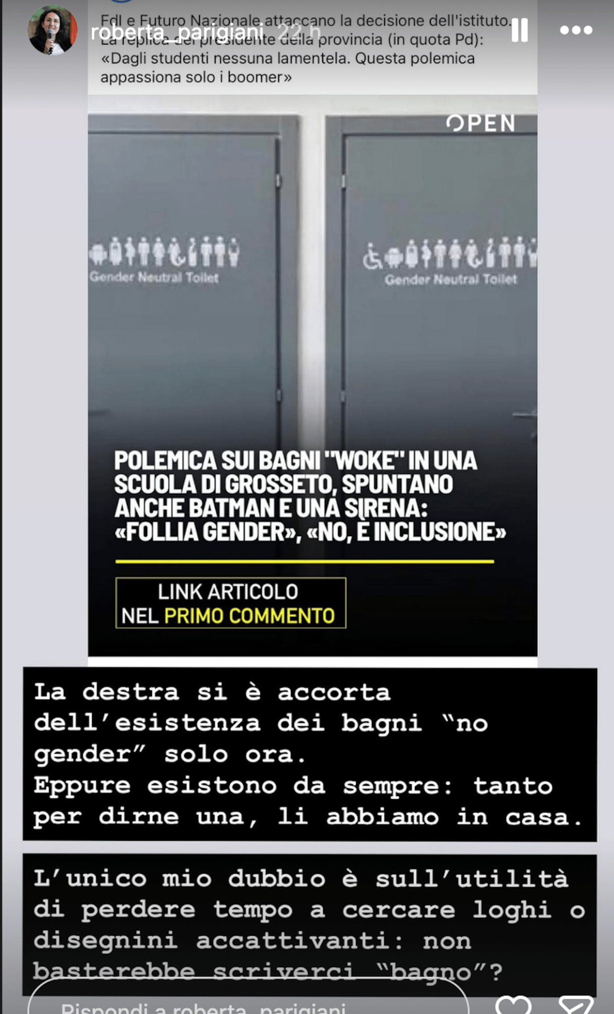 Grosseto, l'assurda polemica della destra sui bagni agender: "Costruita per alimentare paura e distrazione, non tolgono diritti a nessunə" - Roberta Parigiani bagni Grosseto - Gay.it