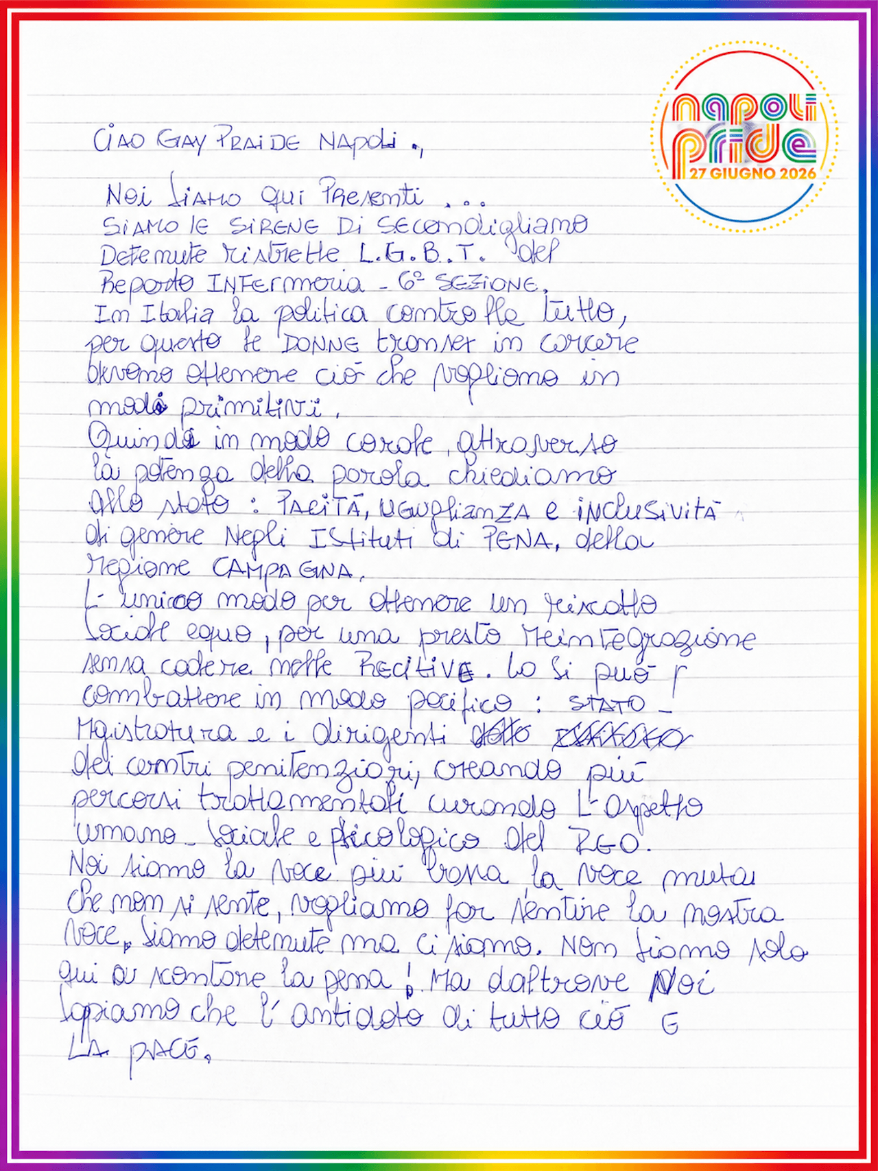 Napoli Pride, la lettera delle detenute trans di Secondigliano: "Siamo la voce muta che non si sente, ma ci siamo" - La lettera delle detenute trans al Napoli Pride - Gay.it