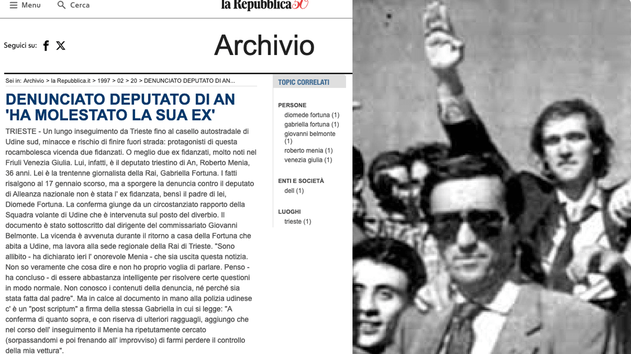 A sinistra l'articolo dell'epoca di Repubblica - a destra Menia con il saluto romano, in primo piano l'allora segretario di Alleanza Nazionale Gianfranco Fini