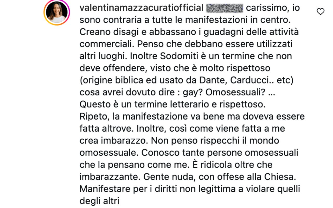 Il commento di Valentina Mazzacurati sotto al suo video Instagram