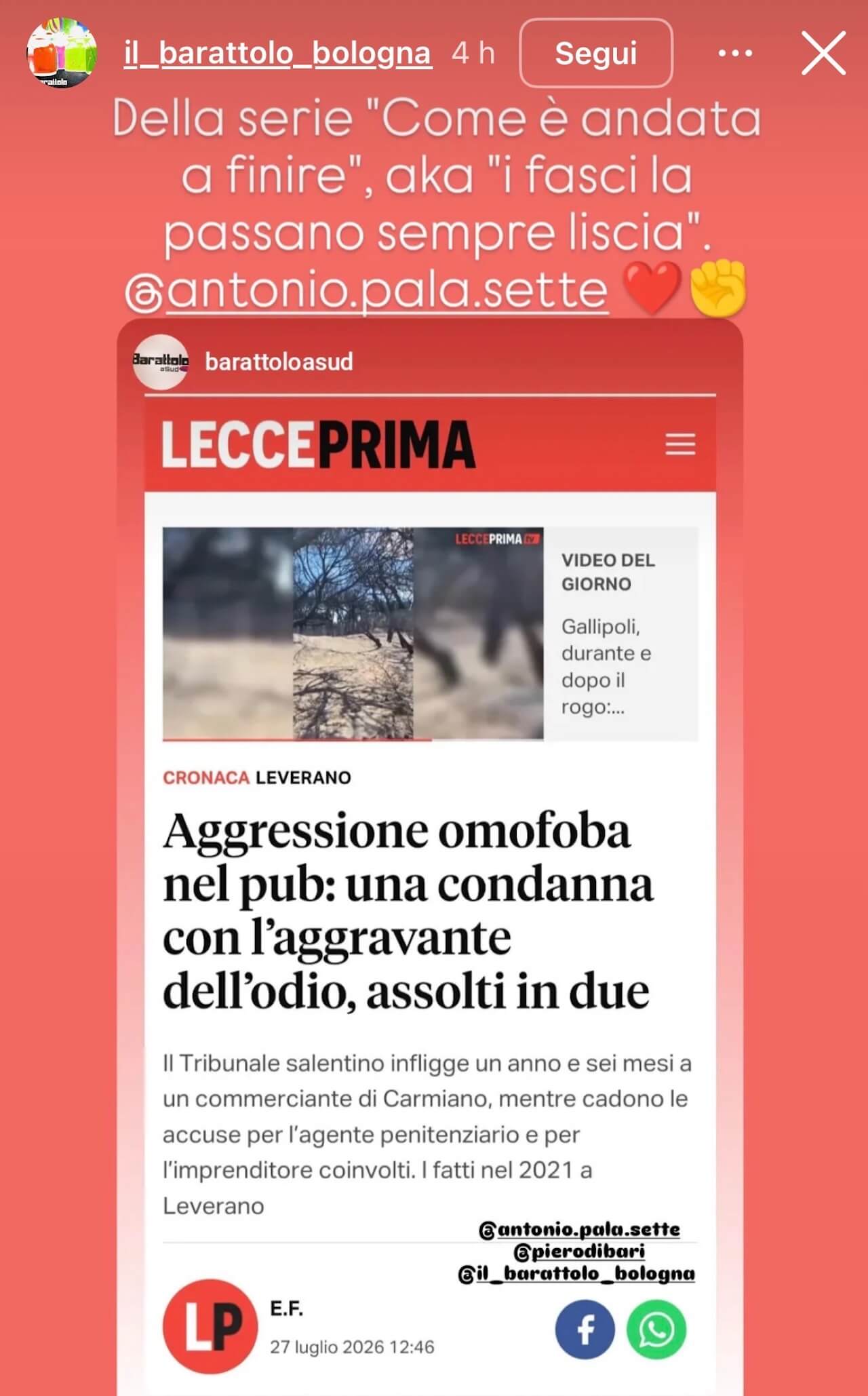 Leverano, condannato per aggressione omofoba ma assolti in 2: "Anche loro mi hanno insultato e aggredito" - Leverano omofobia sentenza - Gay.it